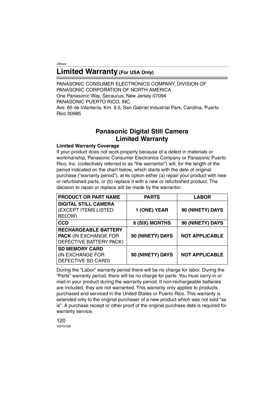 Panasonic DMC-FX07, DMC-FX3 operating instructions Limited Warranty For USA Only, 120, Limited Warranty Coverage 