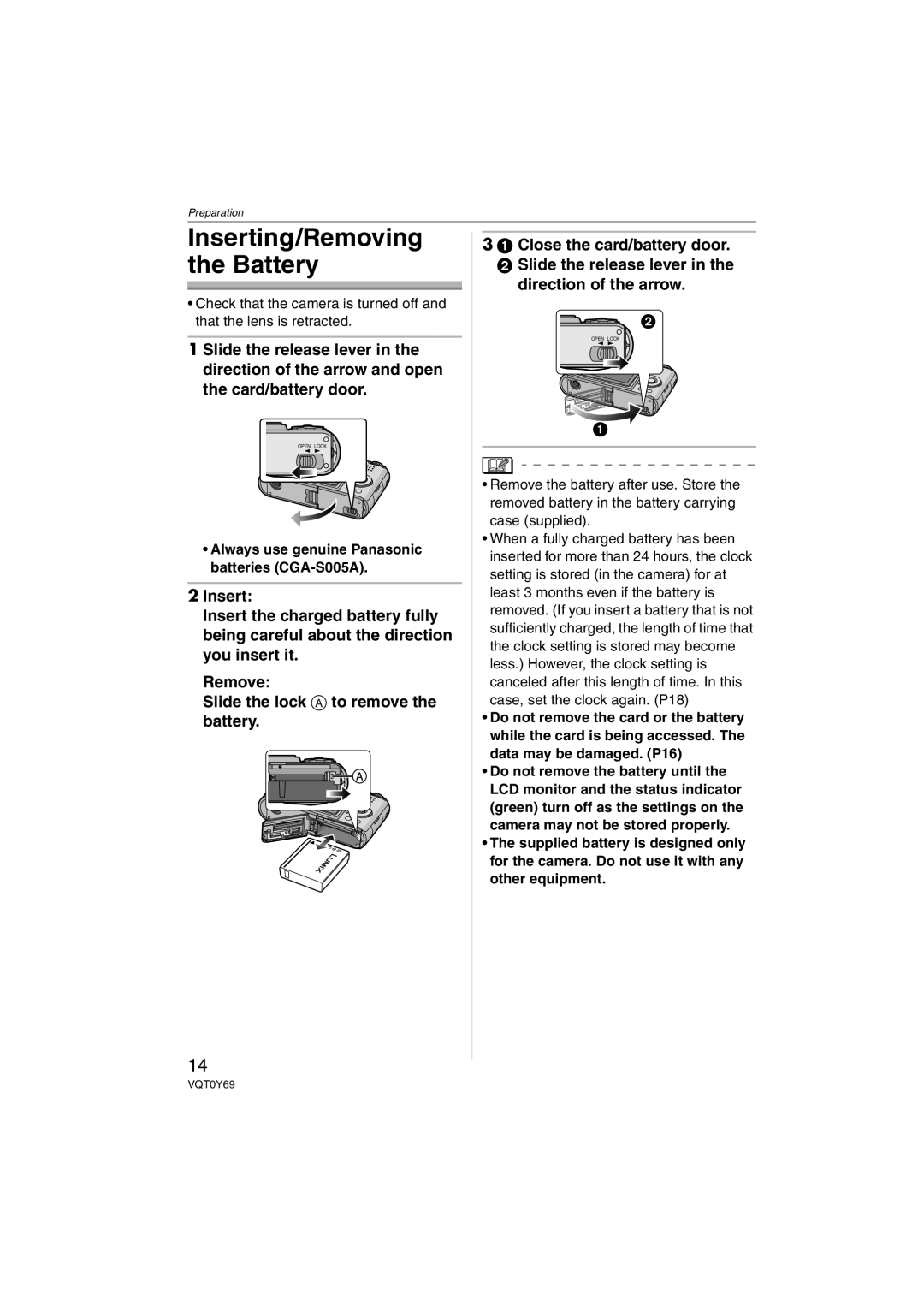 Panasonic DMC-FX07, DMC-FX3 operating instructions Inserting/Removing the Battery 