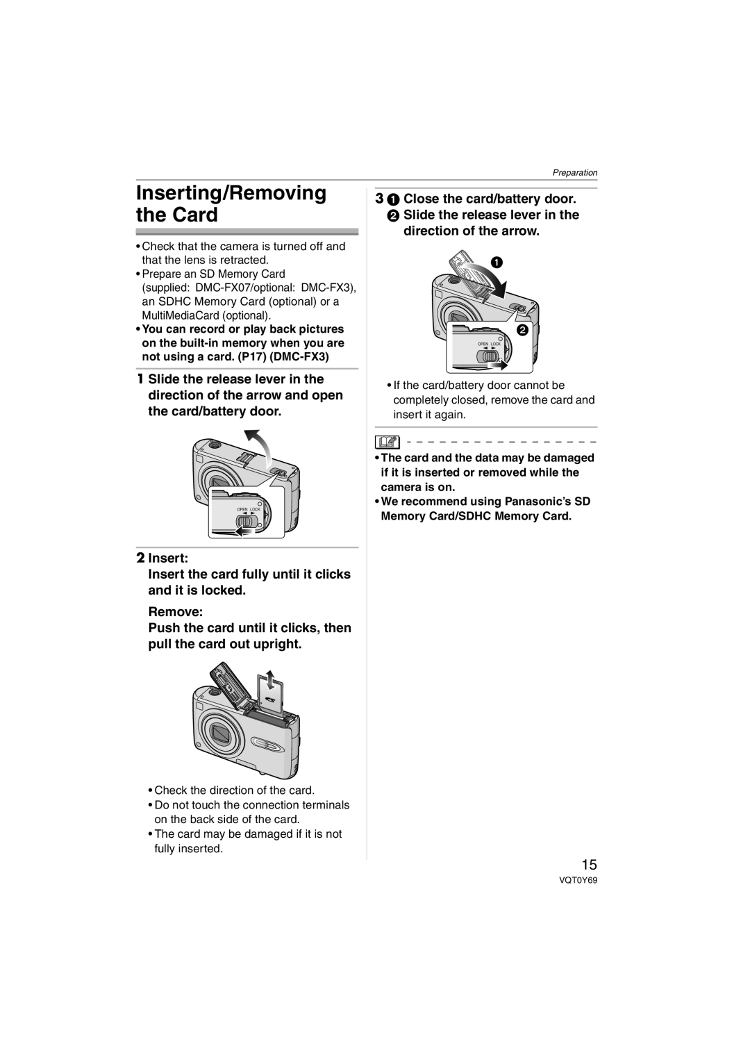 Panasonic DMC-FX3, DMC-FX07 operating instructions Inserting/Removing the Card 