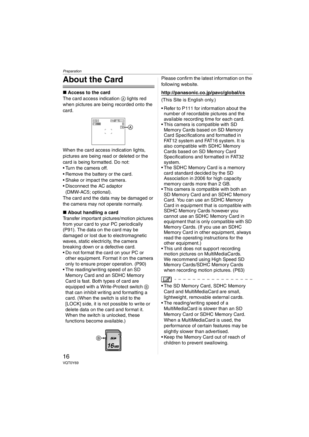 Panasonic DMC-FX07 About the Card, Access to the card, About handling a card, Http//panasonic.co.jp/pavc/global/cs 