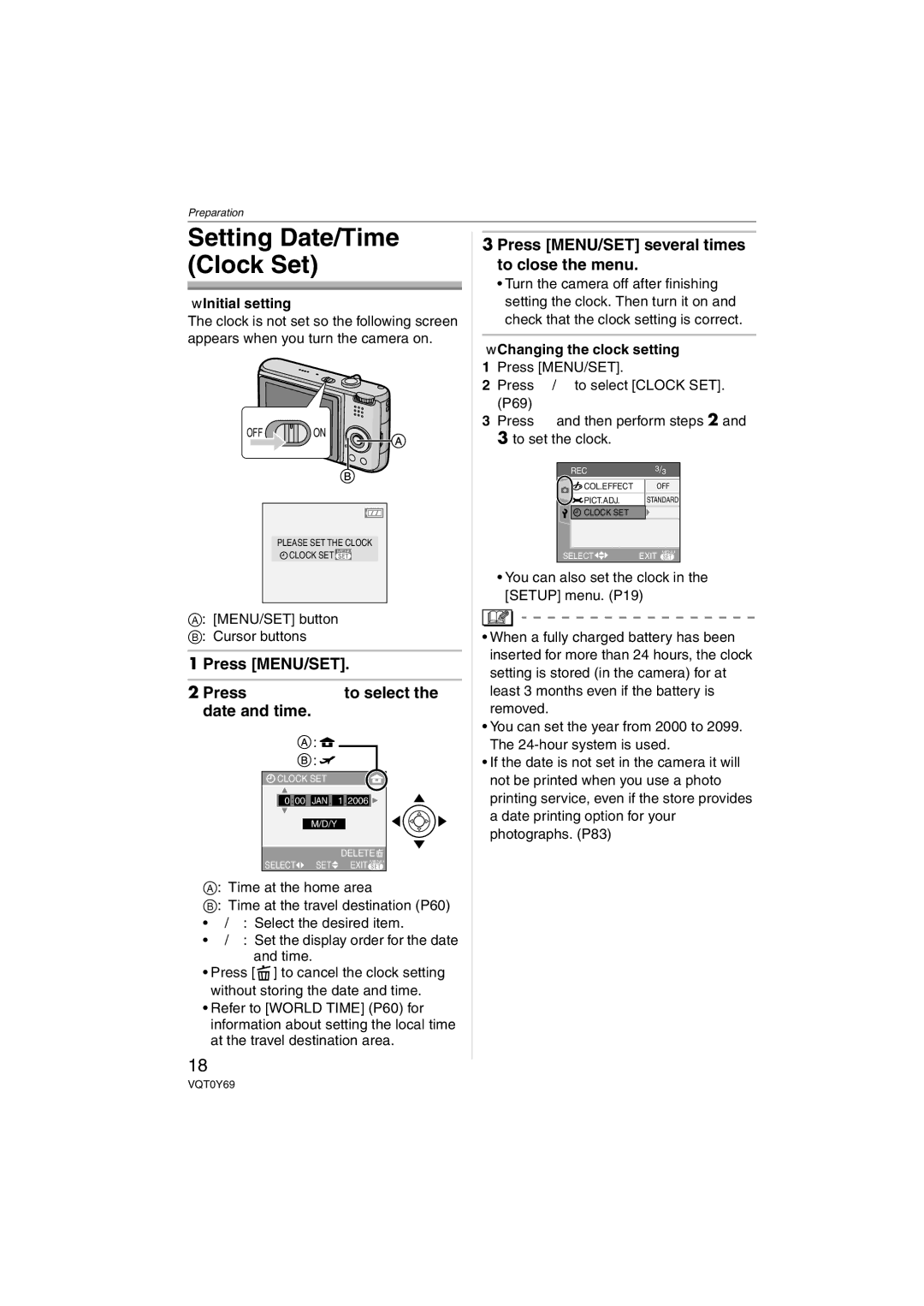 Panasonic DMC-FX07 Press MENU/SET Press 3/4/2/1 to select the date and time, Initial setting, Changing the clock setting 