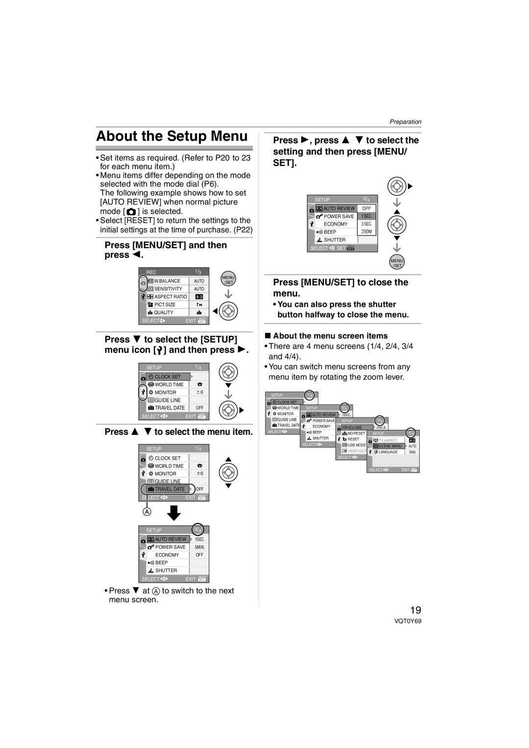 Panasonic DMC-FX3, DMC-FX07 About the Setup Menu, Press MENU/SET and then press, Press 3/4 to select the menu item 