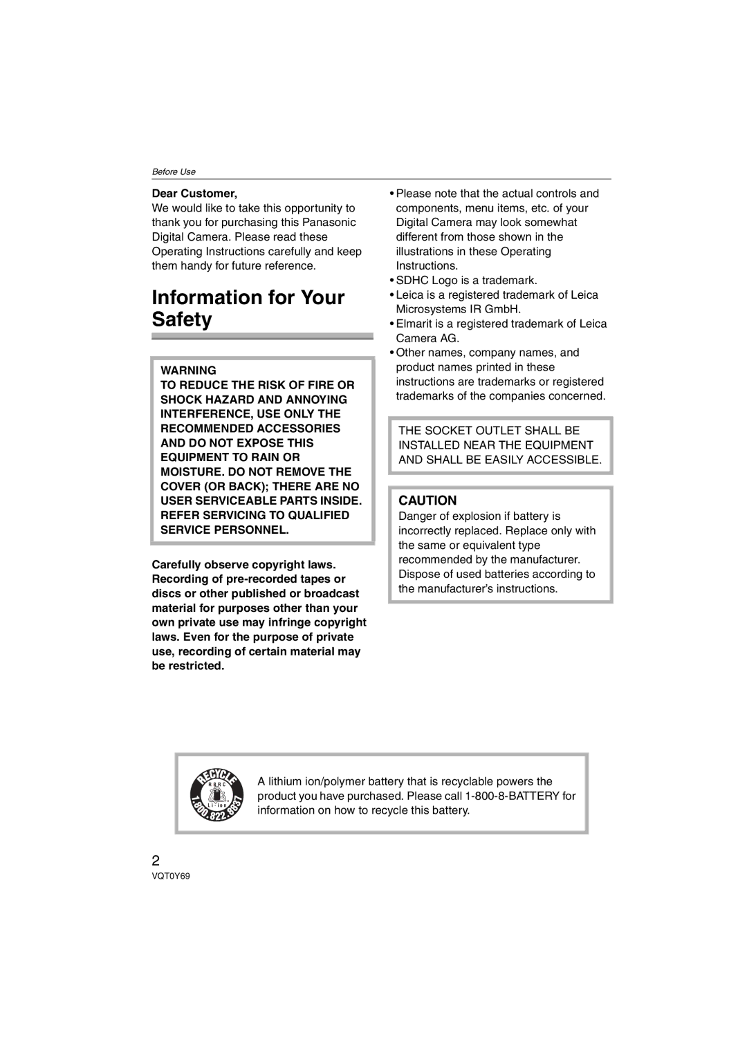 Panasonic DMC-FX07, DMC-FX3 operating instructions Information for Your Safety, Dear Customer 