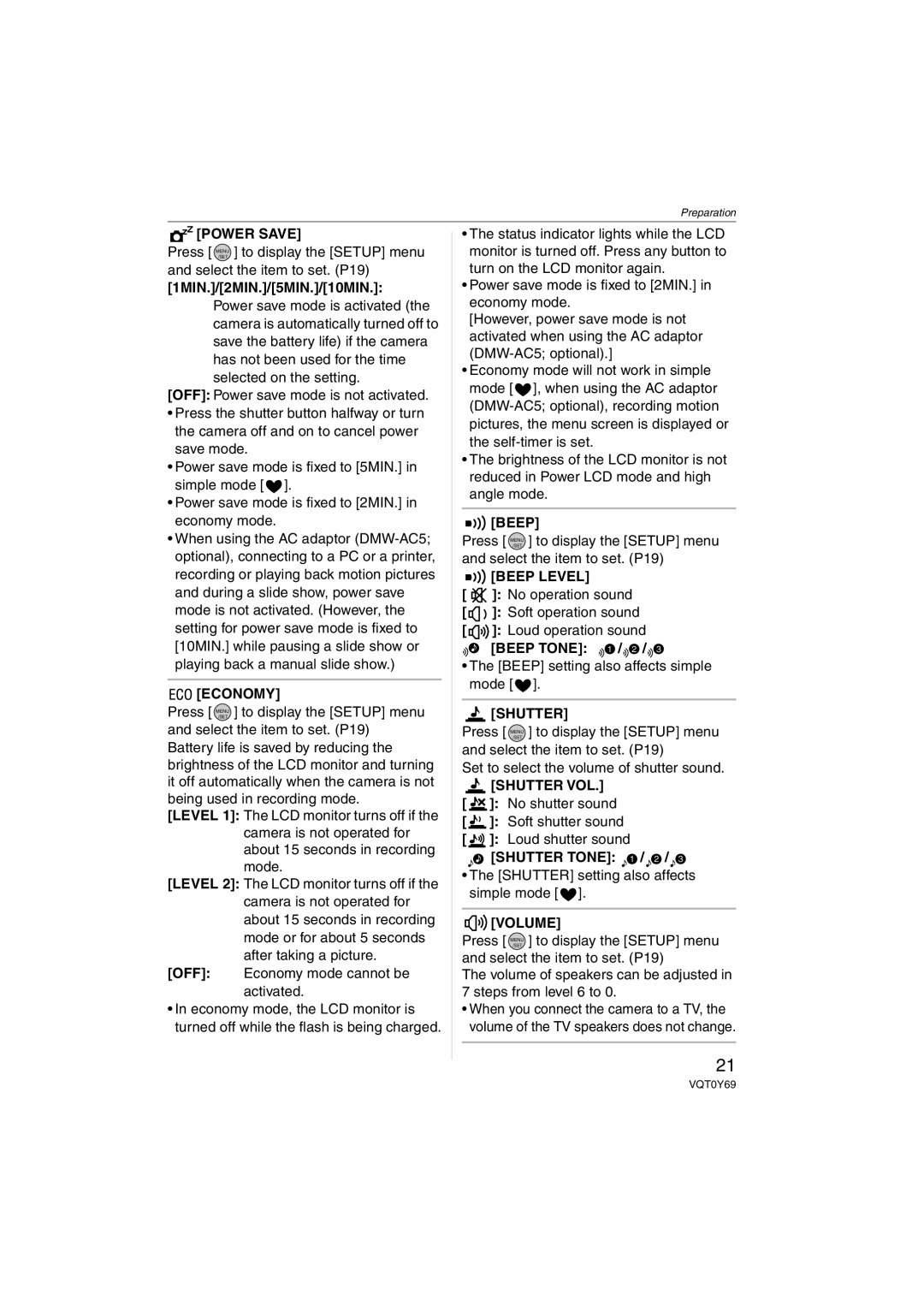 Panasonic DMC-FX3, DMC-FX07 operating instructions Power Save, Economy, Beep Level, Shutter VOL, Volume 