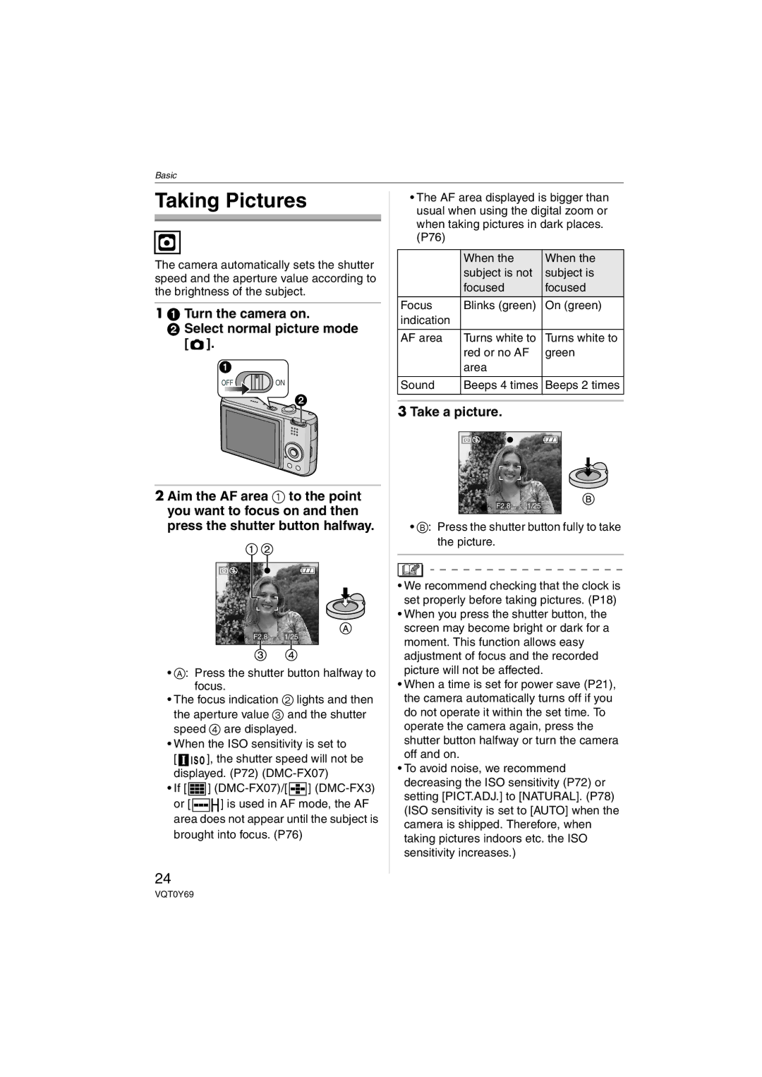 Panasonic DMC-FX07, DMC-FX3 Taking Pictures, Turn the camera on Select normal picture mode, Take a picture 