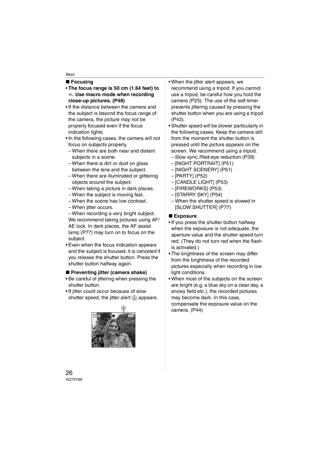 Panasonic DMC-FX07, DMC-FX3 operating instructions Preventing jitter camera shake, Party P52, Exposure 