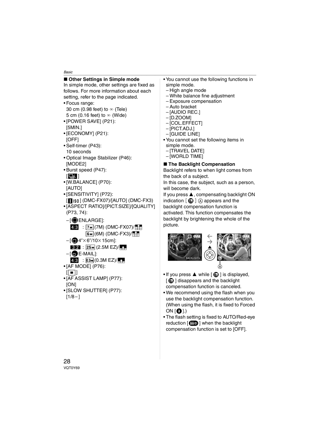 Panasonic Other Settings in Simple mode, DMC-FX07/AUTO DMC-FX3, Zoom, You cannot set the following items in simple mode 