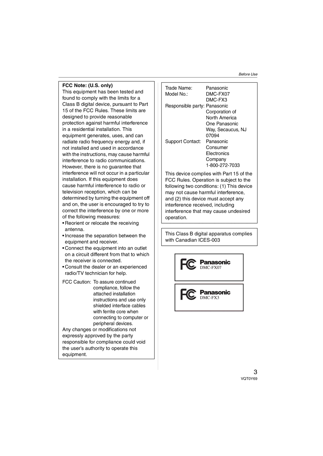 Panasonic DMC-FX3, DMC-FX07 operating instructions FCC Note U.S. only 