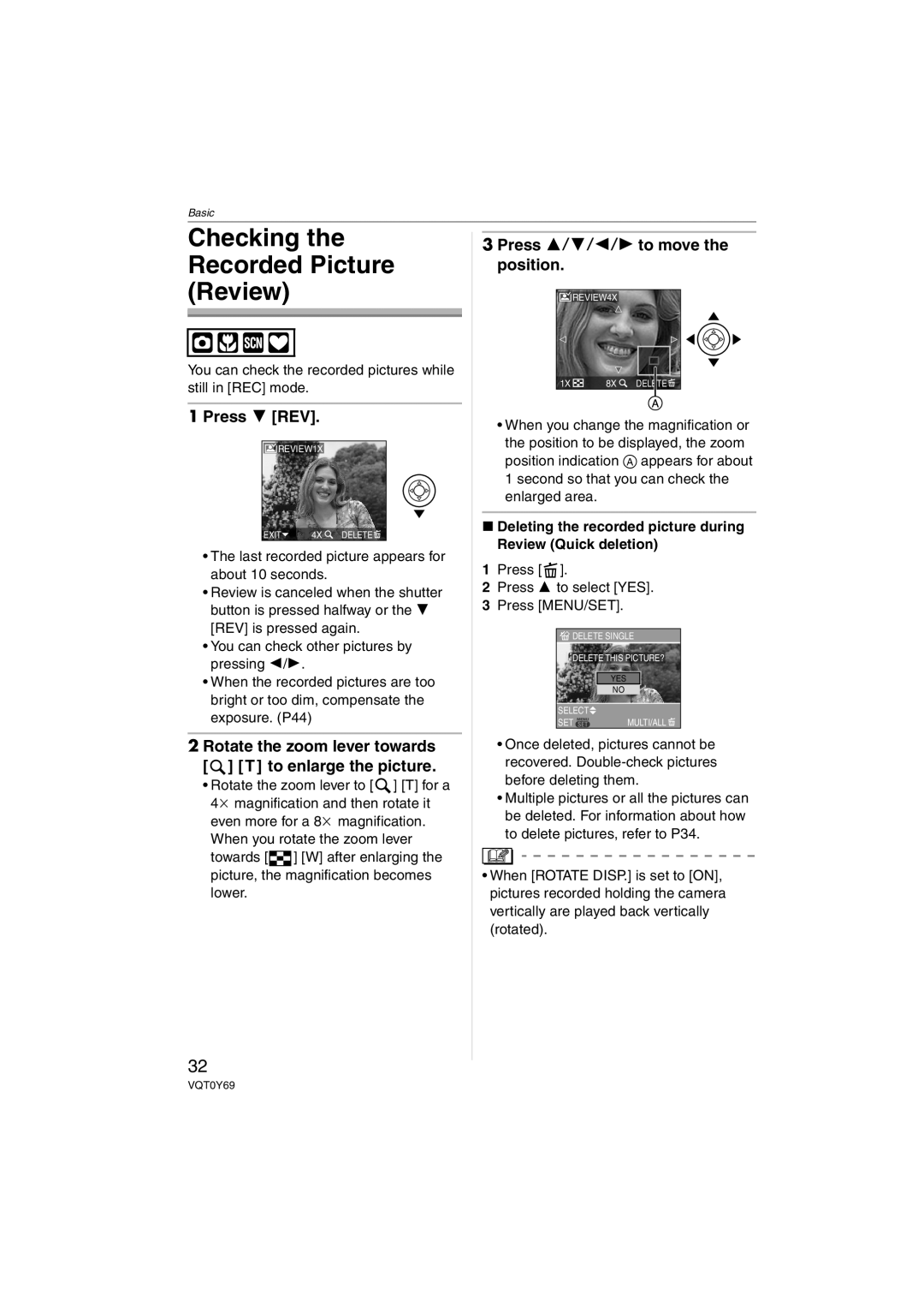 Panasonic DMC-FX07, DMC-FX3 Checking the Recorded Picture Review, Press 4 REV, Press 3/4/2/1 to move the position 