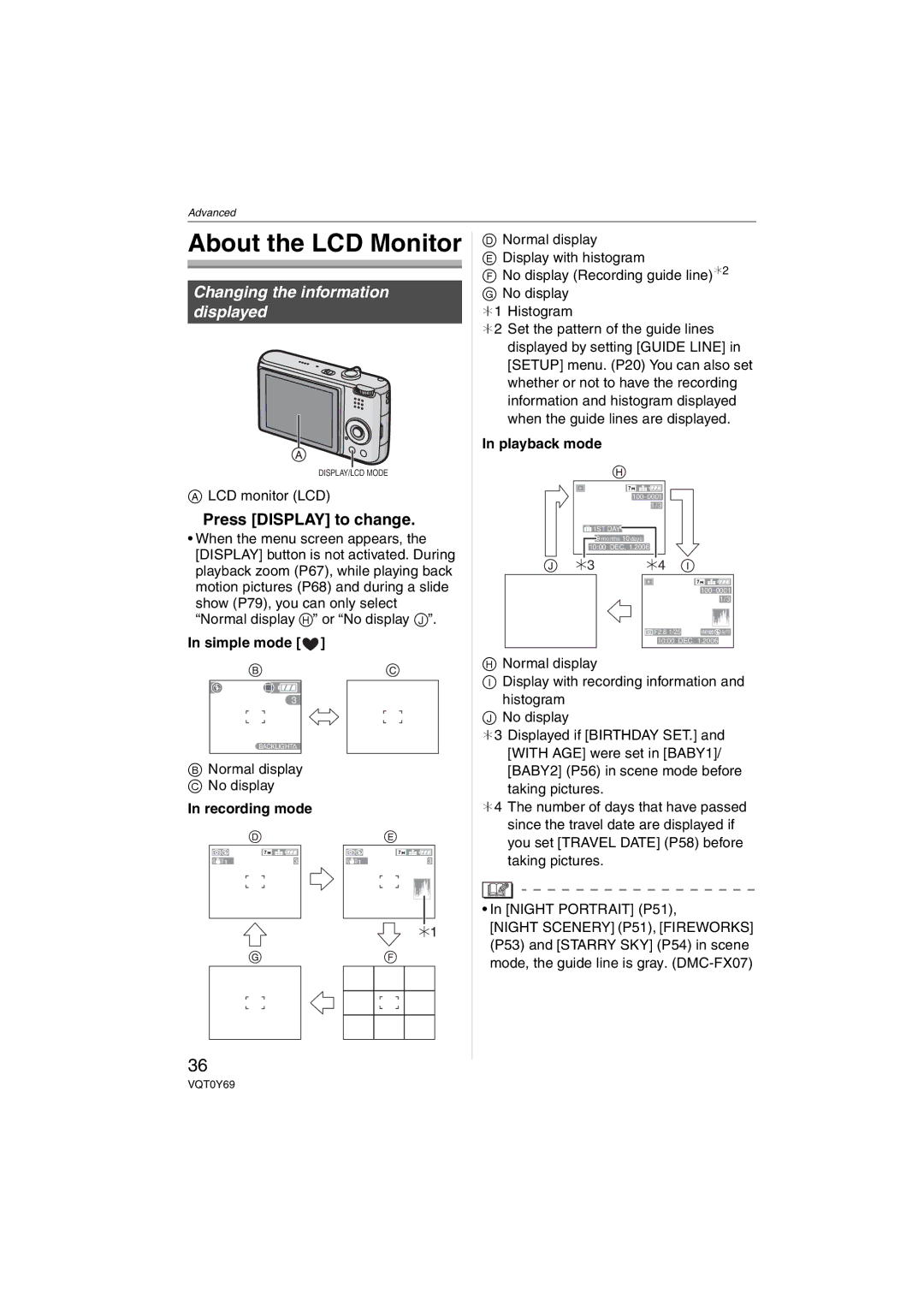 Panasonic DMC-FX07, DMC-FX3 About the LCD Monitor, Press Display to change, Simple mode, Recording mode, Playback mode 