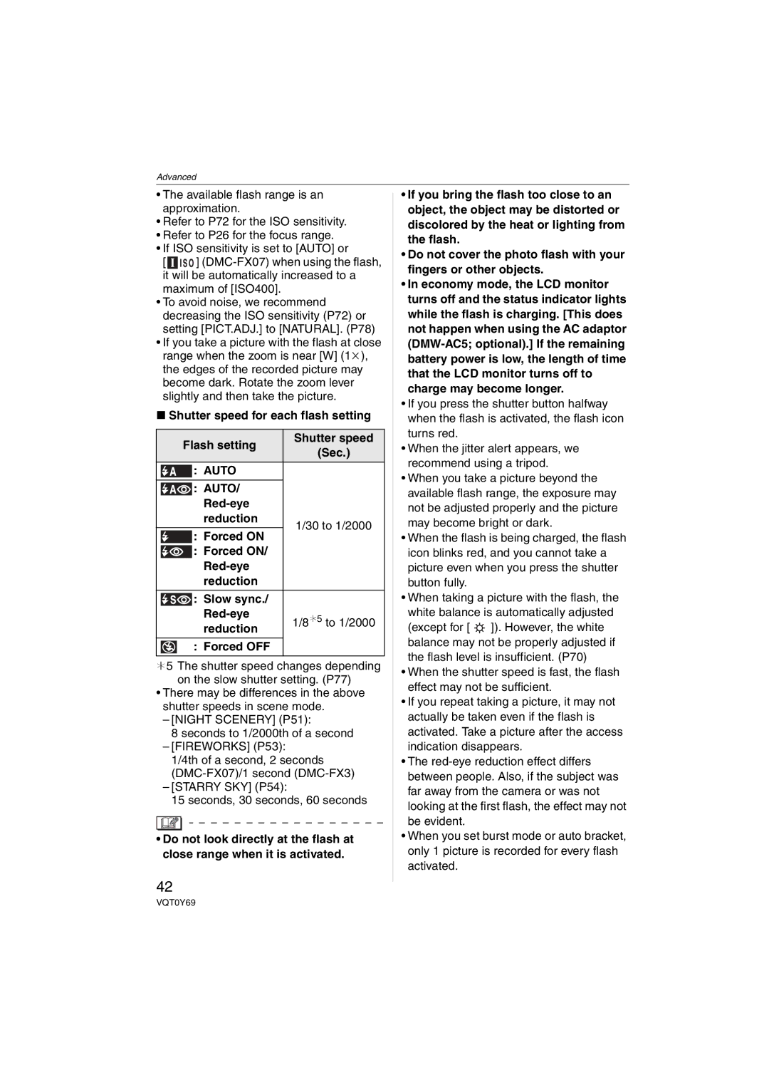 Panasonic DMC-FX07, DMC-FX3 operating instructions Shutter speed for each flash setting Flash setting, Red-eye Reduction 