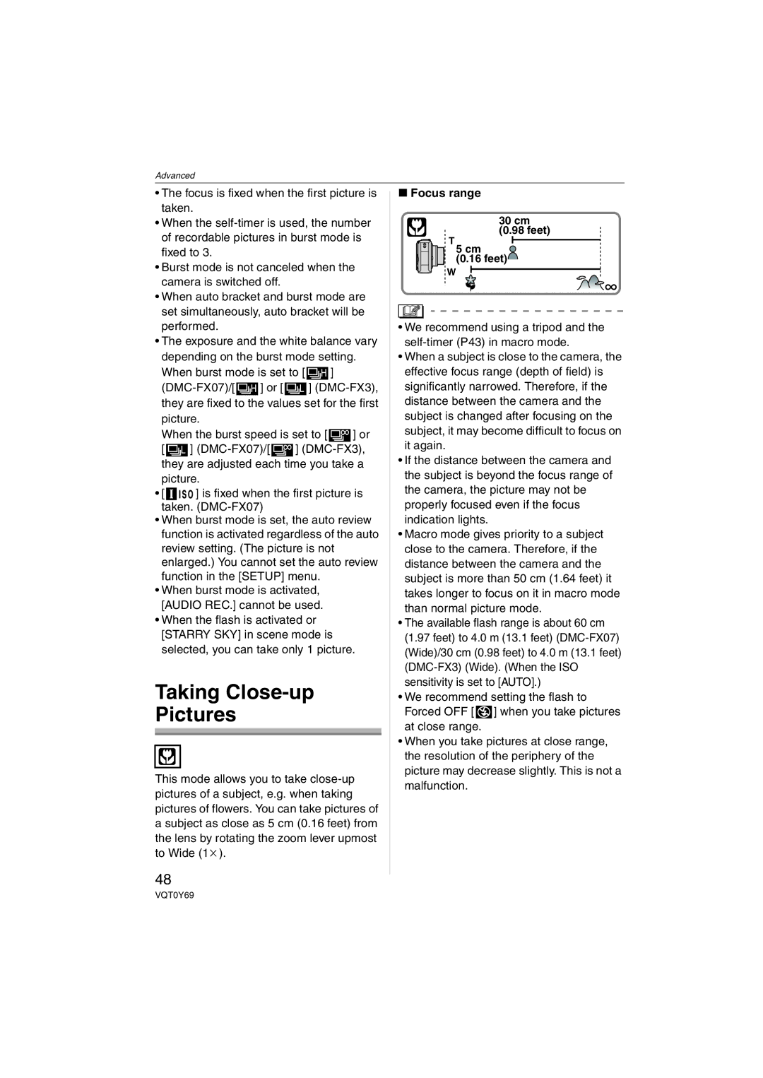 Panasonic DMC-FX07, DMC-FX3 operating instructions Taking Close-up Pictures, When burst mode is set to, Focus range 