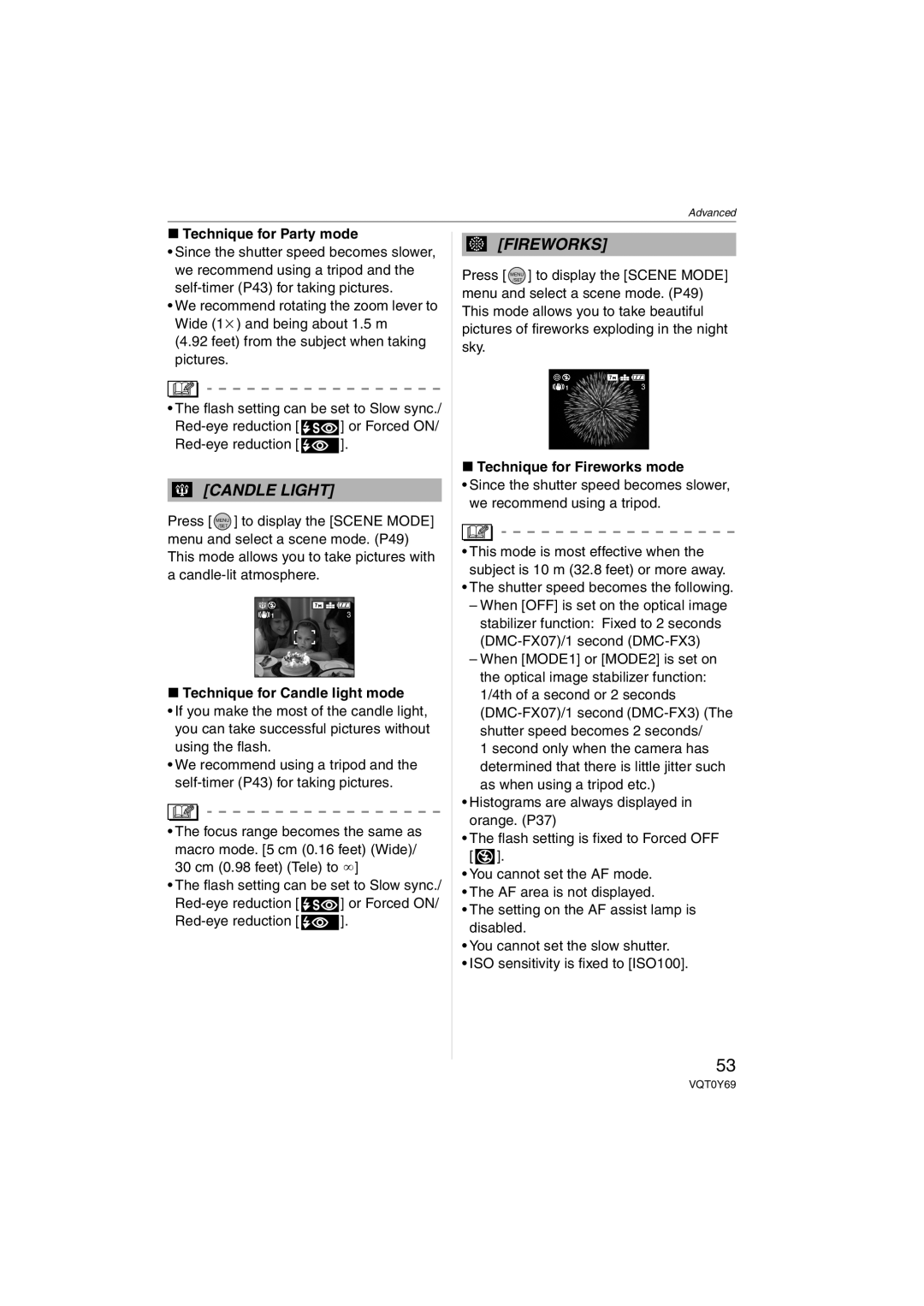 Panasonic DMC-FX3, DMC-FX07 Technique for Party mode, Technique for Candle light mode, Technique for Fireworks mode 
