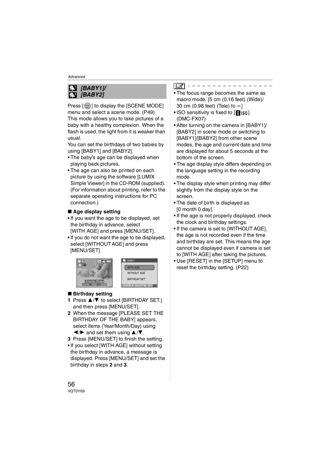 Panasonic DMC-FX07, DMC-FX3 operating instructions Age display setting, Birthday setting 