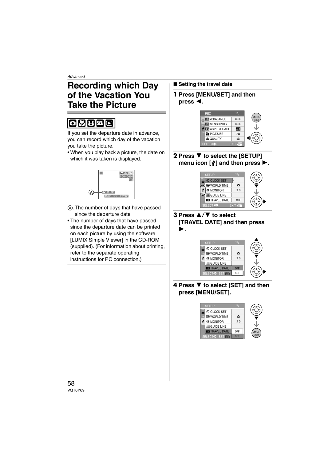 Panasonic DMC-FX07, DMC-FX3 Press 3/4 to select Travel Date and then press, Press 4 to select SET and then press MENU/SET 