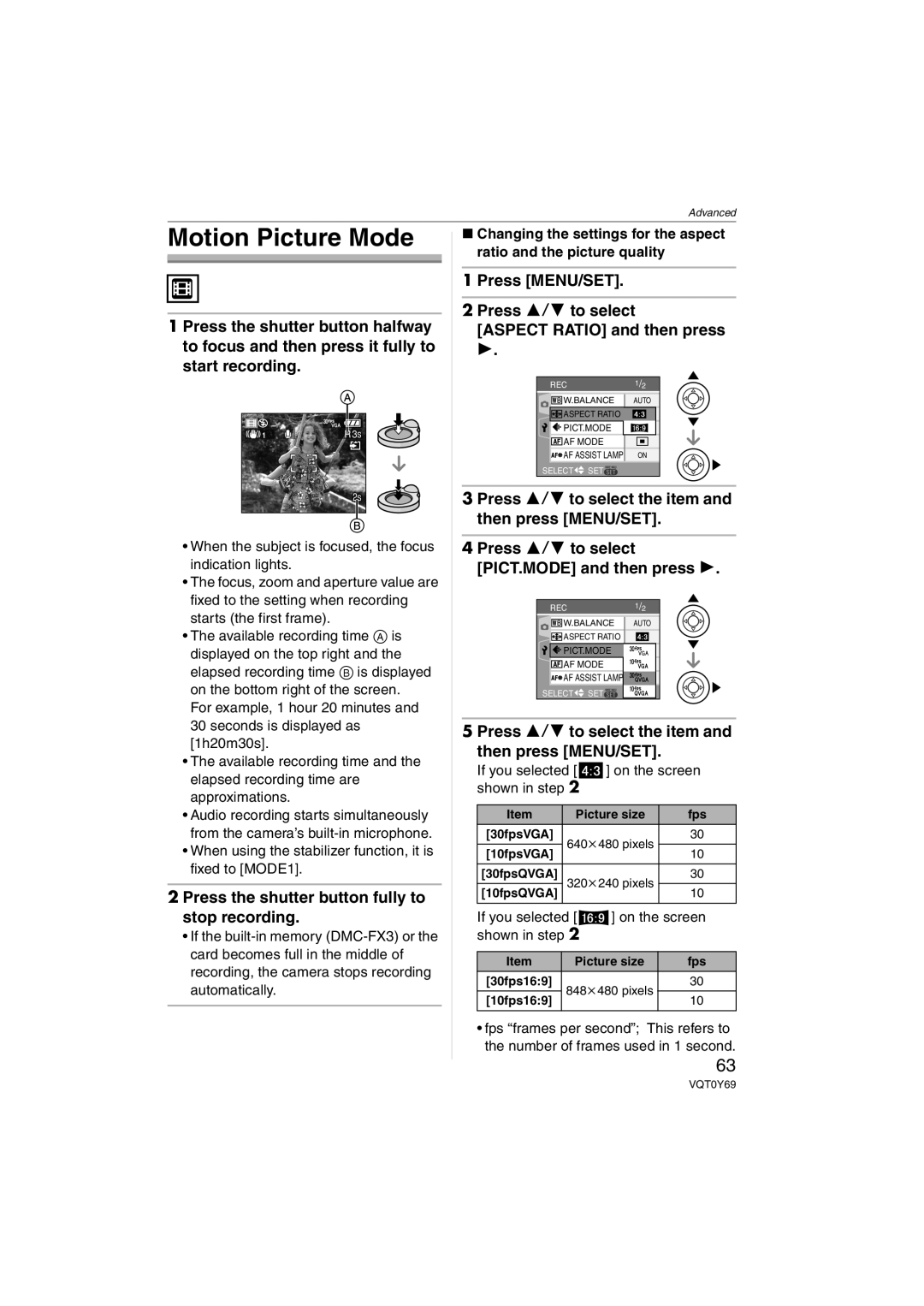 Panasonic DMC-FX3, DMC-FX07 operating instructions Motion Picture Mode, Press the shutter button fully to stop recording 