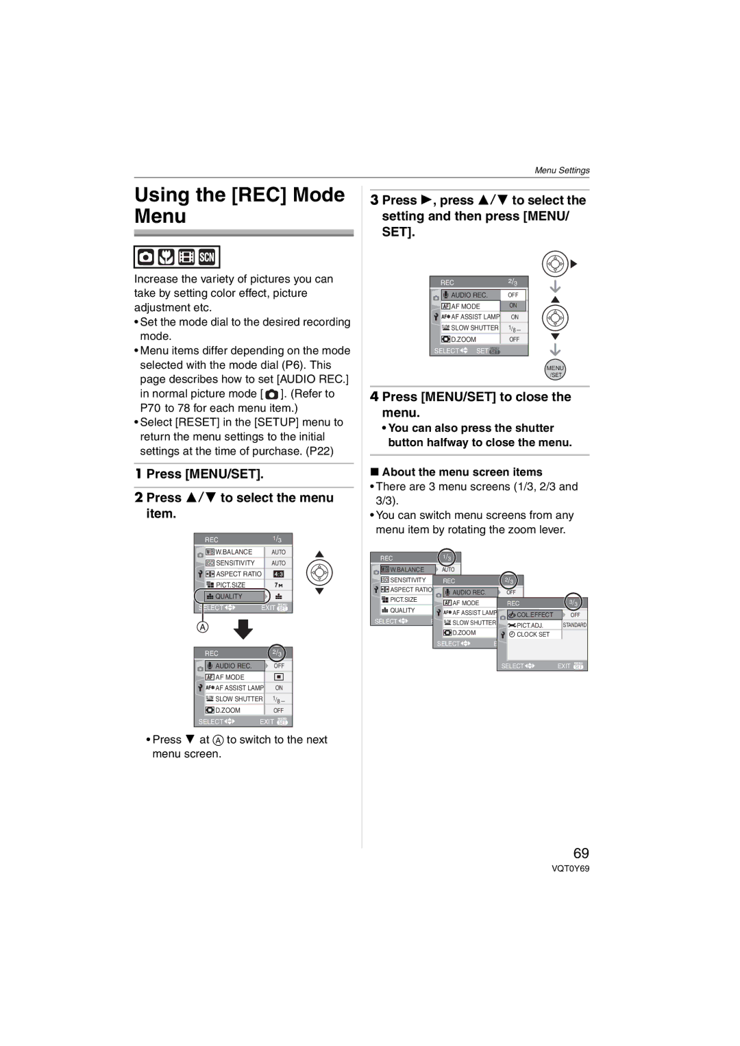 Panasonic DMC-FX3, DMC-FX07 operating instructions Using the REC Mode Menu, Press MENU/SET Press 3/4 to select the menu item 