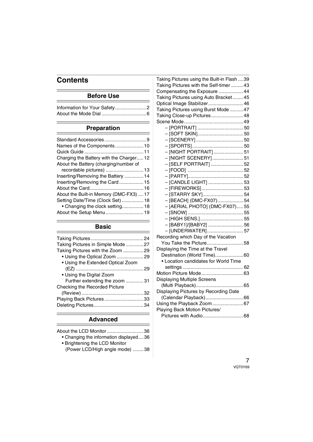 Panasonic DMC-FX3, DMC-FX07 operating instructions Contents 