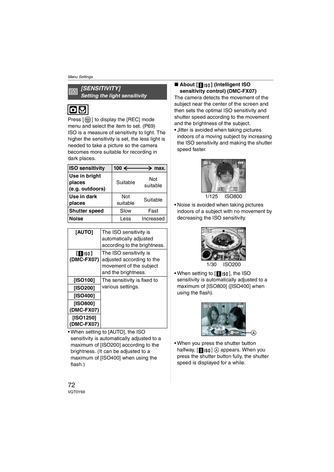 Panasonic DMC-FX07, DMC-FX3 operating instructions Sensitivity, Setting the light sensitivity 