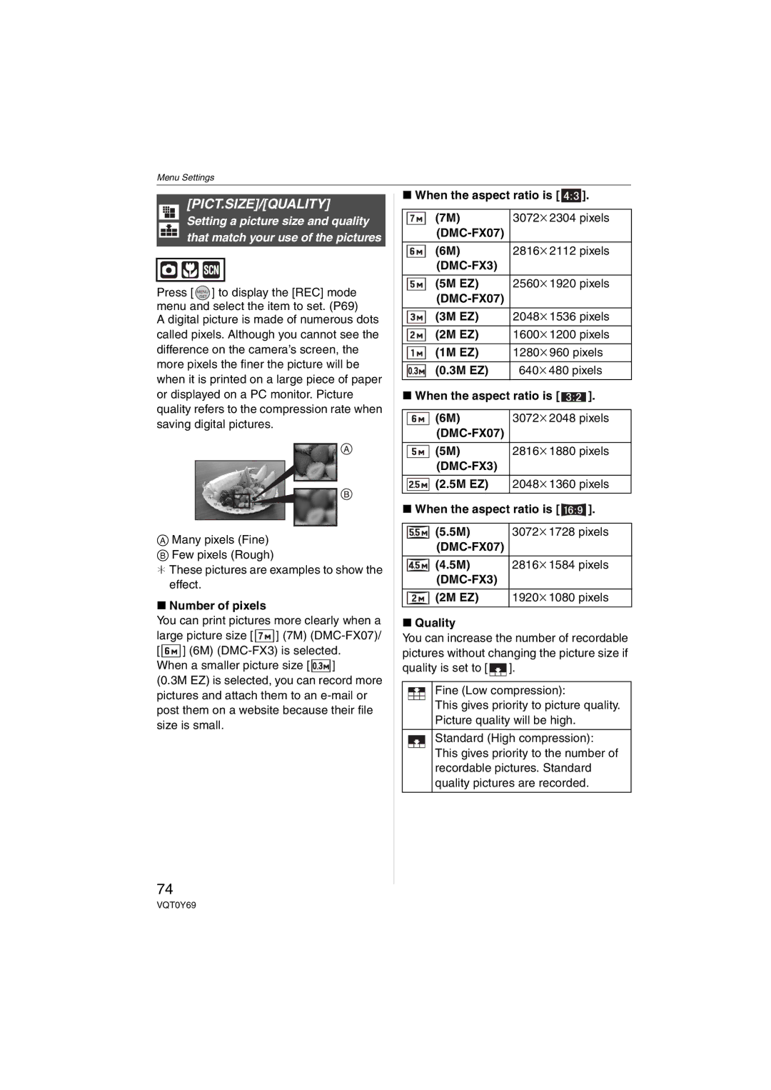 Panasonic DMC-FX07 operating instructions Pict.Size/Quality, Number of pixels, DMC-FX3, 2M EZ 1920k1080 pixels Quality 