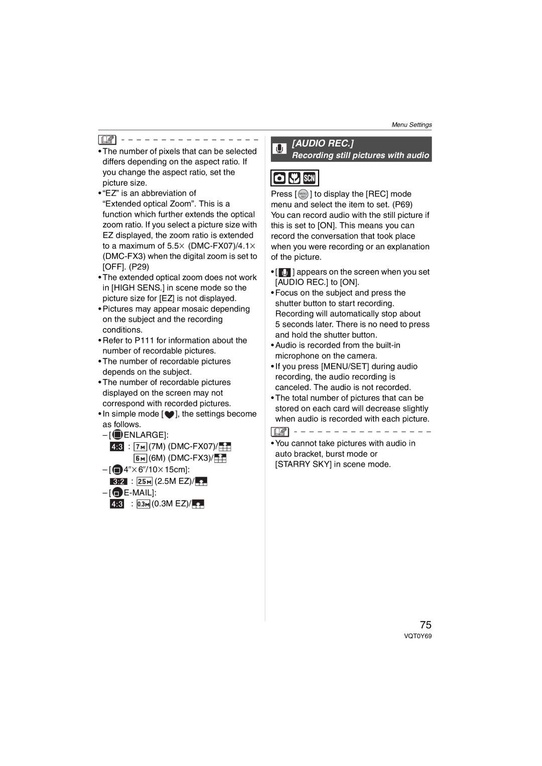 Panasonic DMC-FX3, DMC-FX07 operating instructions Audio REC, Recording still pictures with audio 