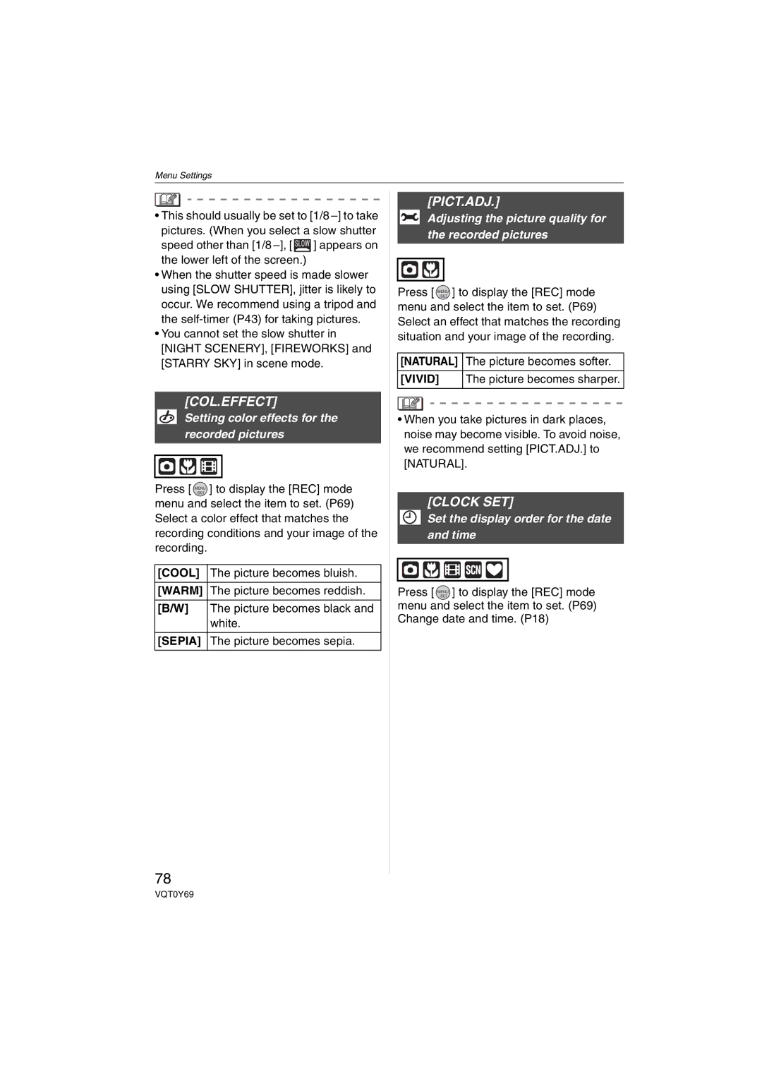 Panasonic DMC-FX07, DMC-FX3 operating instructions Col.Effect, Pict.Adj, Clock SET 