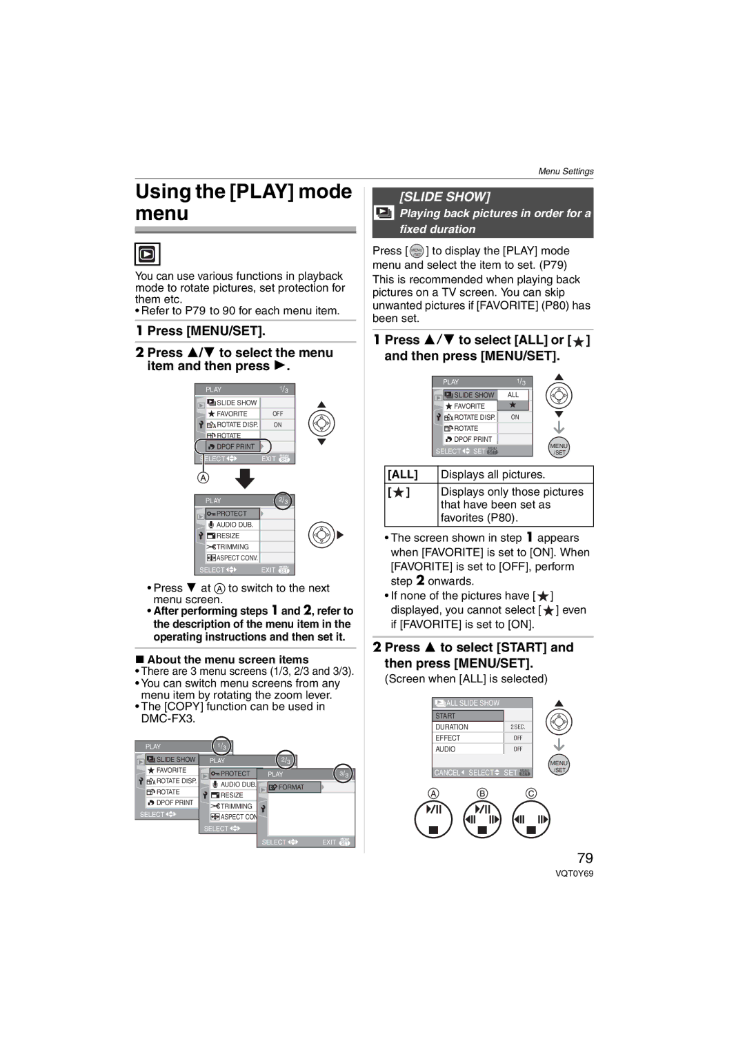 Panasonic DMC-FX3, DMC-FX07 Using the Play mode menu, Slide Show, Press 3/4 to select ALL or and then press MENU/SET 