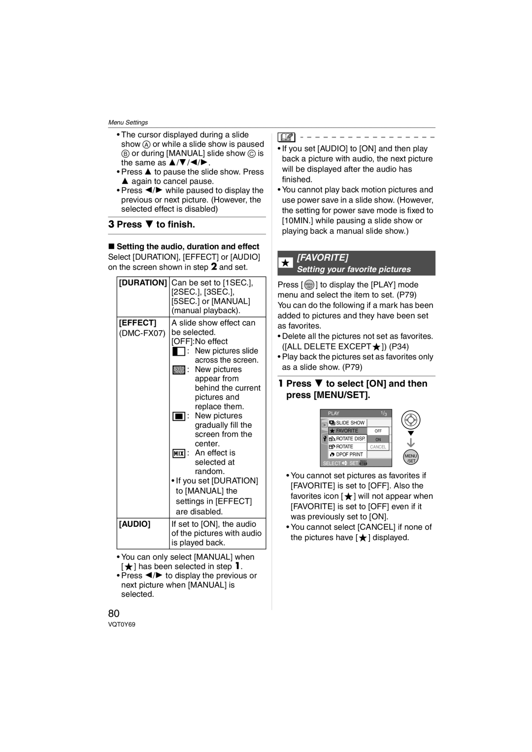 Panasonic DMC-FX07, DMC-FX3 Press 4 to finish, Favorite, Setting the audio, duration and effect, Audio 