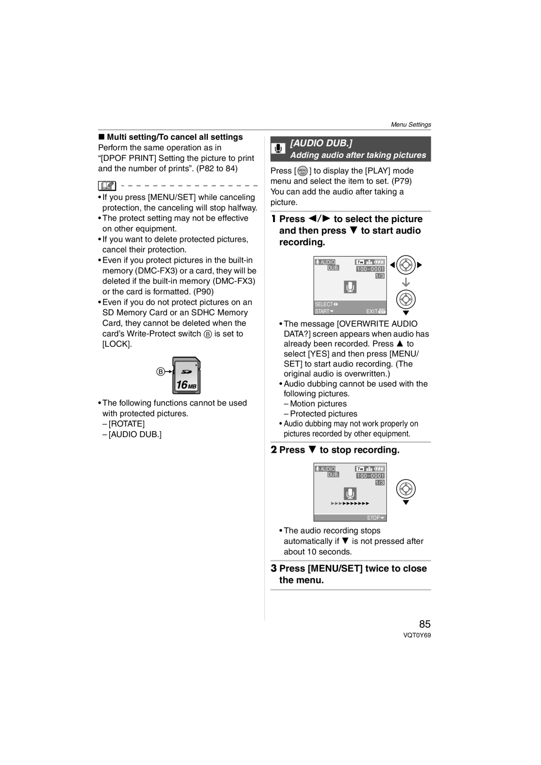 Panasonic DMC-FX3, DMC-FX07 operating instructions Audio DUB, Press 4 to stop recording, Adding audio after taking pictures 