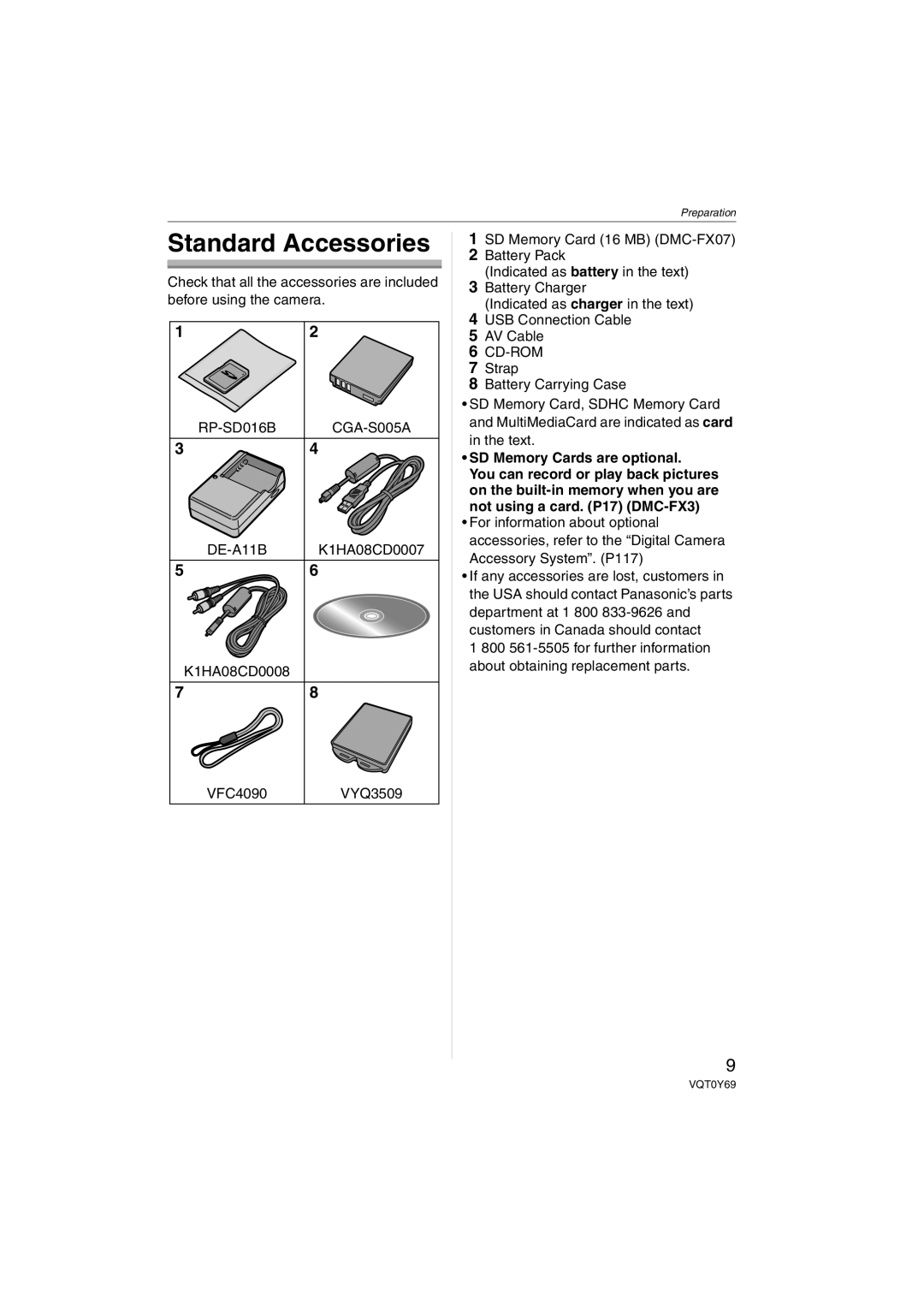 Panasonic DMC-FX3, DMC-FX07 operating instructions Standard Accessories, K1HA08CD0008, VFC4090, SD Memory Cards are optional 