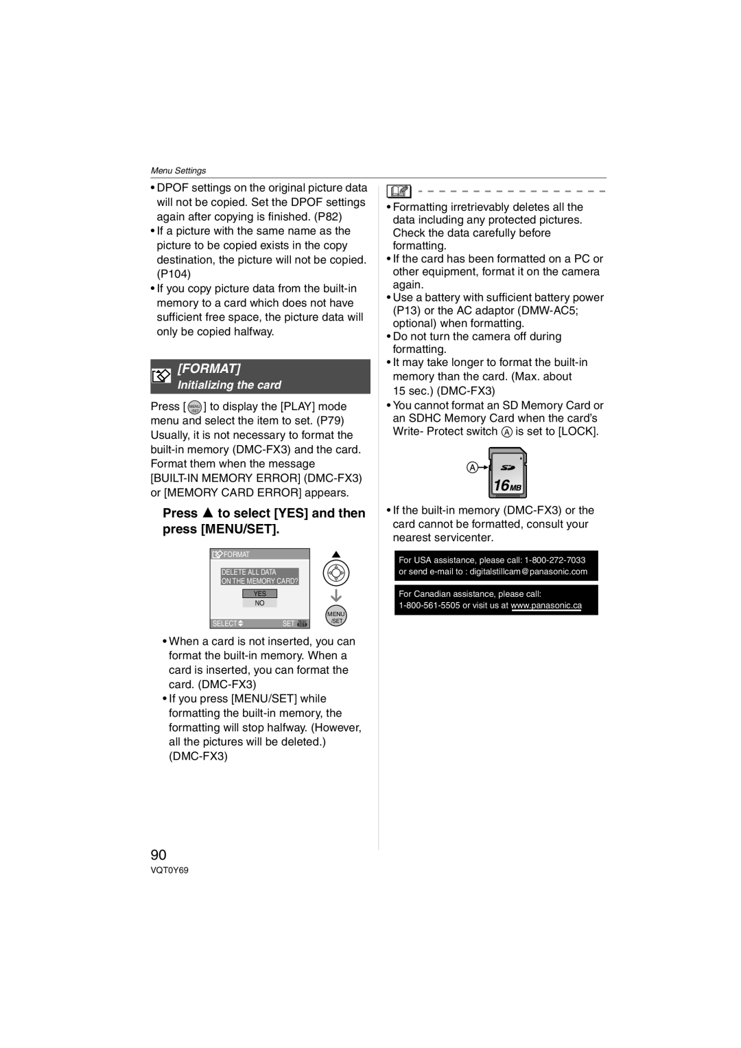 Panasonic DMC-FX07, DMC-FX3 operating instructions Format, Initializing the card 