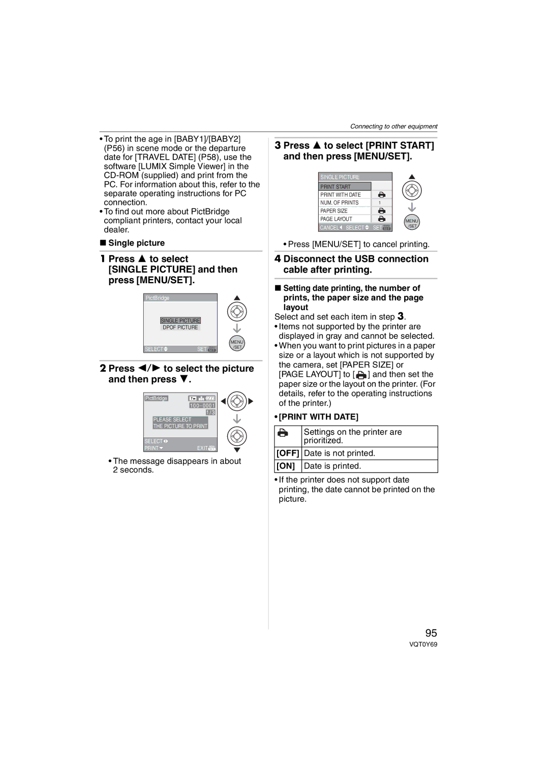 Panasonic DMC-FX3, DMC-FX07 Press 3 to select Single Picture and then press MENU/SET, Print with Date, Off 