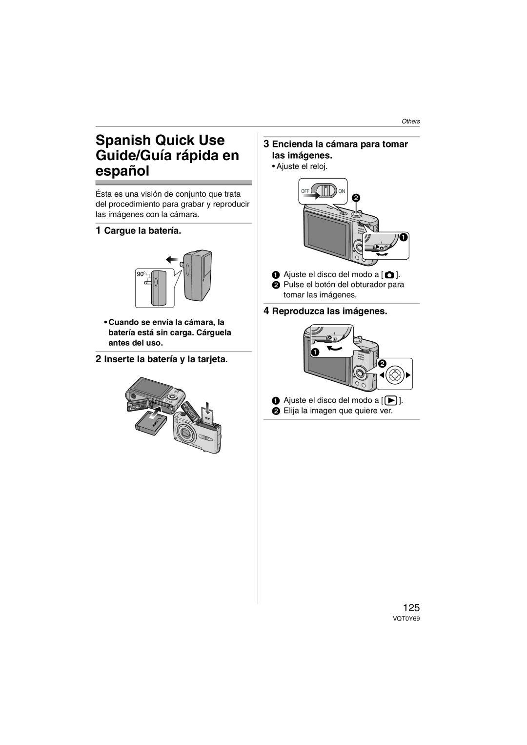 Panasonic DMC-FX3 Spanish Quick Use Guide/Guía rápida en español, Cargue la batería, Inserte la batería y la tarjeta 