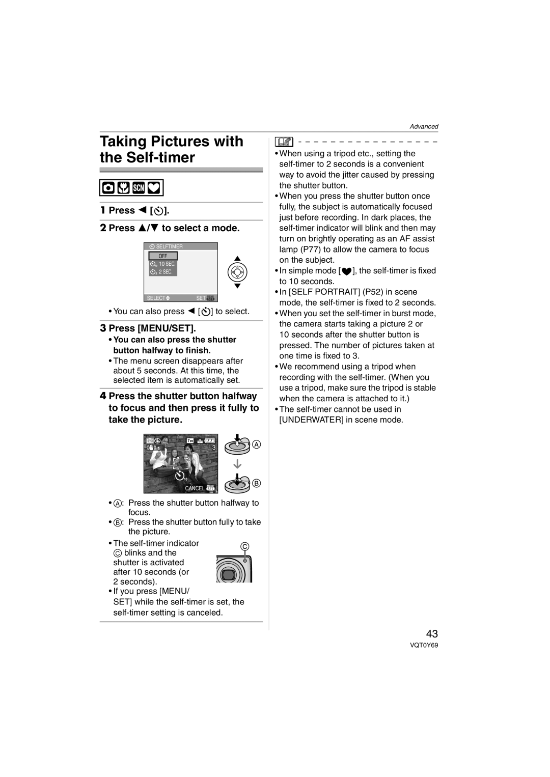 Panasonic DMC-FX3, DMC-FX07 Taking Pictures with the Self-timer, Press 2 Press 3/4 to select a mode, Press MENU/SET 