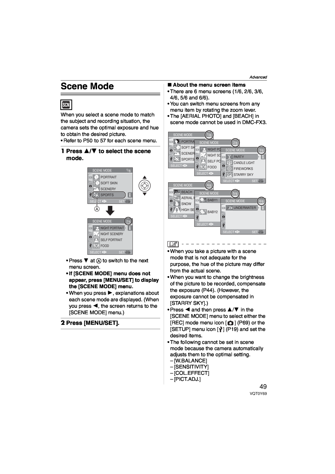 Panasonic DMC-FX3, DMC-FX07 Scene Mode, Press 3/4 to select the scene mode, Press MENU/SET, About the menu screen items 