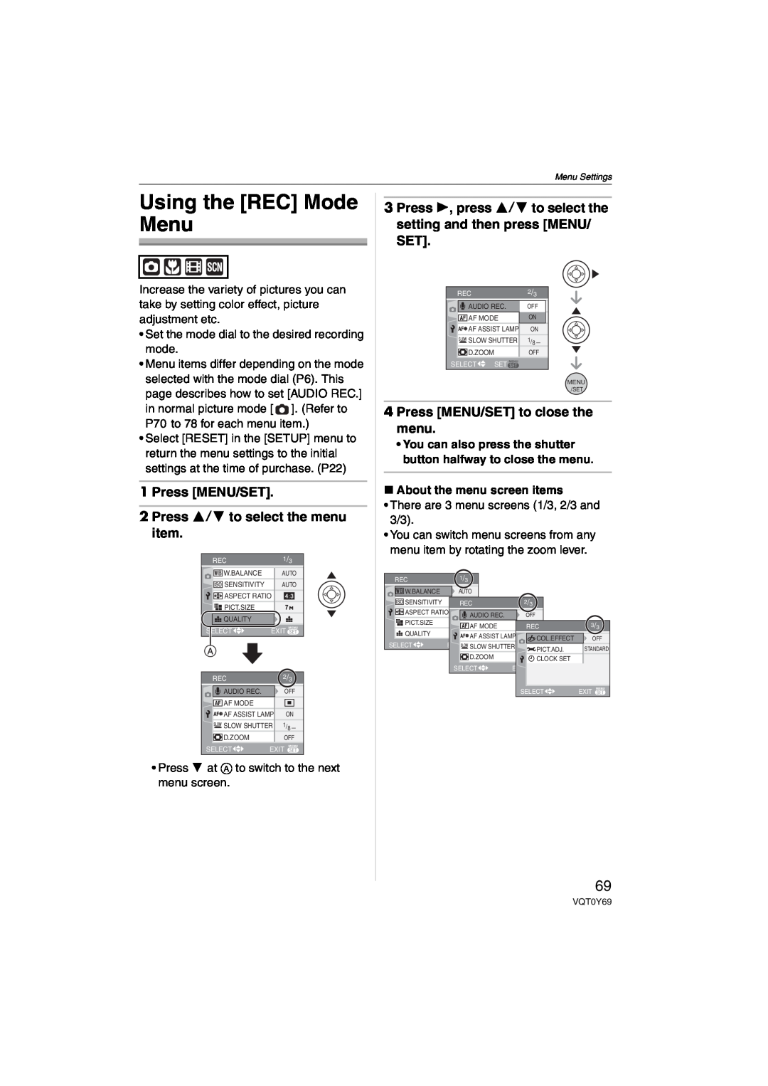 Panasonic DMC-FX3, DMC-FX07 Using the REC Mode Menu, Press MENU/SET 2 Press 3/4 to select the menu item 