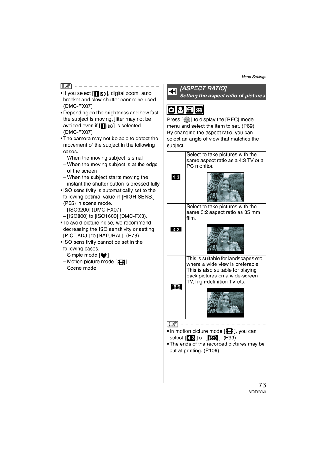 Panasonic DMC-FX3, DMC-FX07 operating instructions Aspect Ratio, Setting the aspect ratio of pictures 