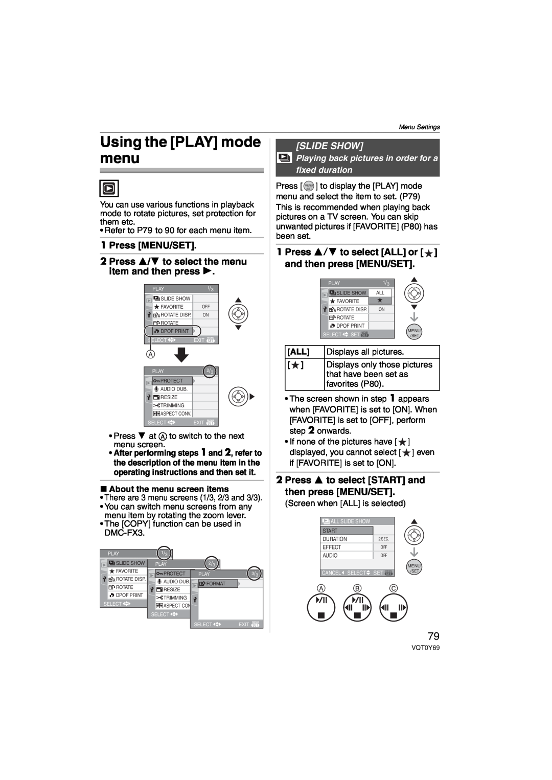 Panasonic DMC-FX3 Using the PLAY mode menu, Press MENU/SET 2 Press 3/4 to select the menu item and then press, Slide Show 