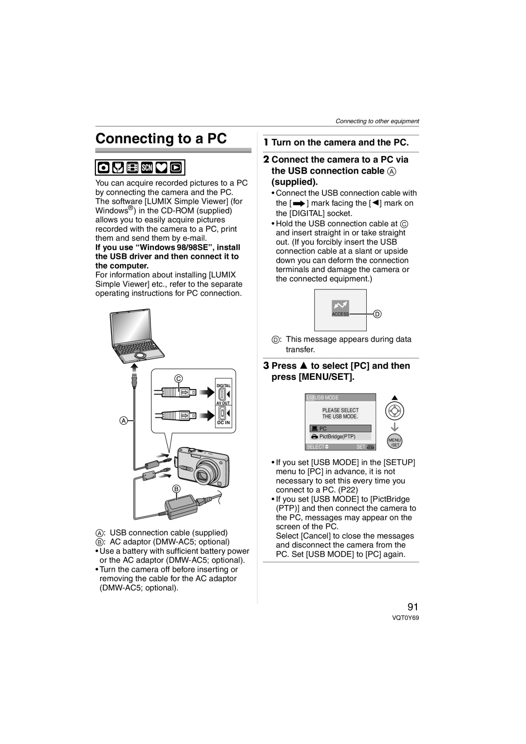 Panasonic DMC-FX3 Connecting to a PC, Turn on the camera and the PC, Press 3 to select PC and then press MENU/SET 