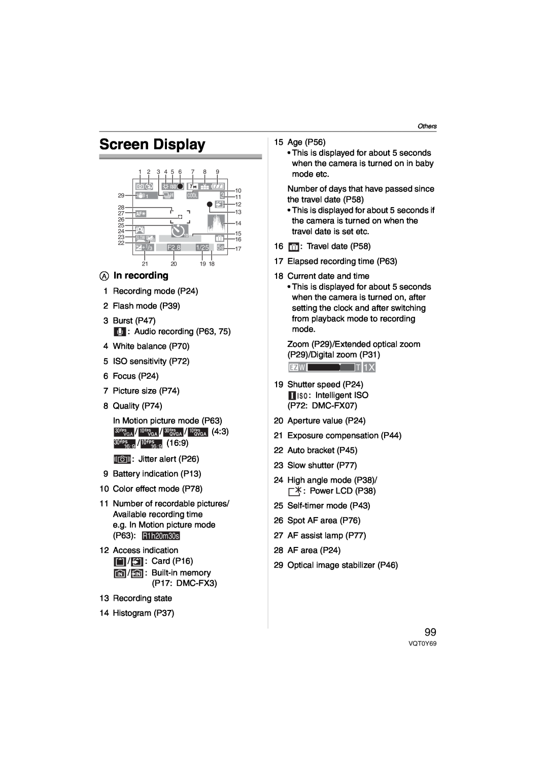 Panasonic DMC-FX3, DMC-FX07 operating instructions Screen Display, A In recording 