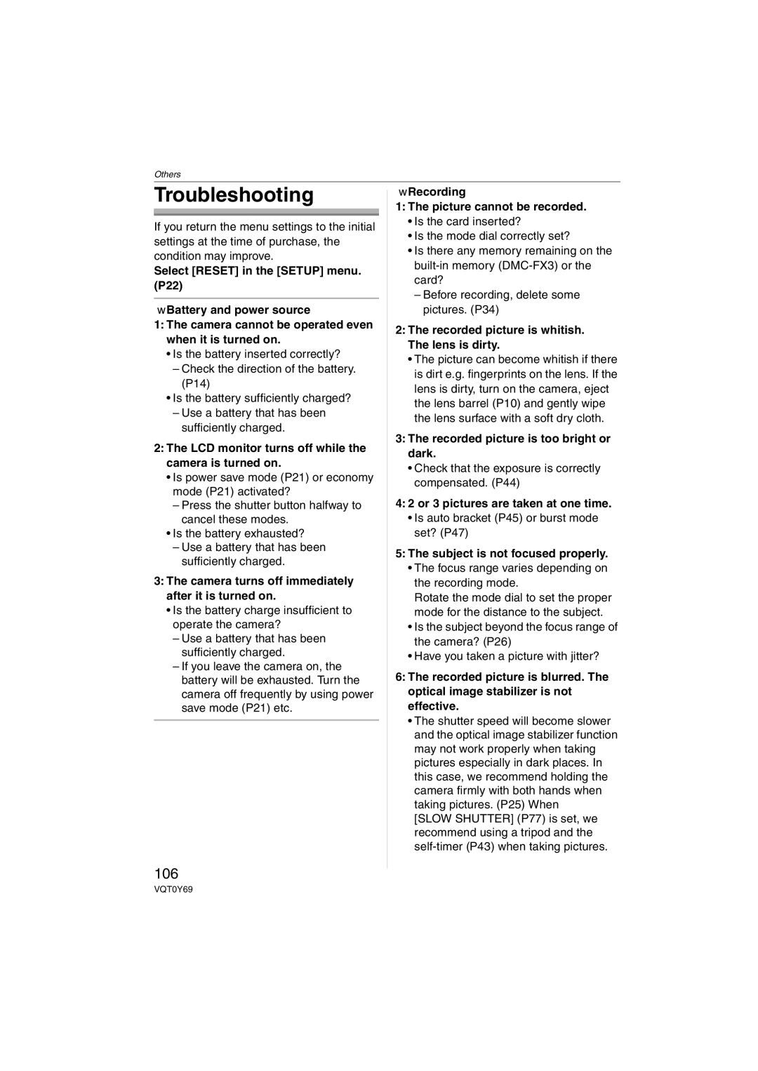 Panasonic DMC-FX07K operating instructions Troubleshooting, 106 