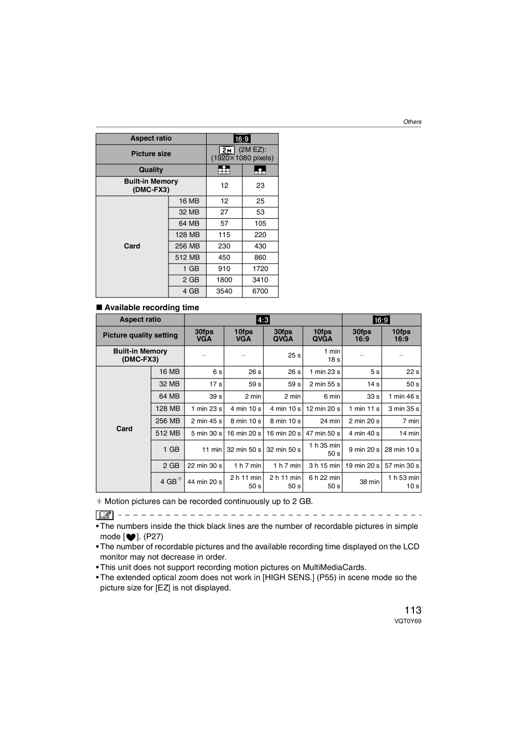 Panasonic DMC-FX07K operating instructions 113, Available recording time 