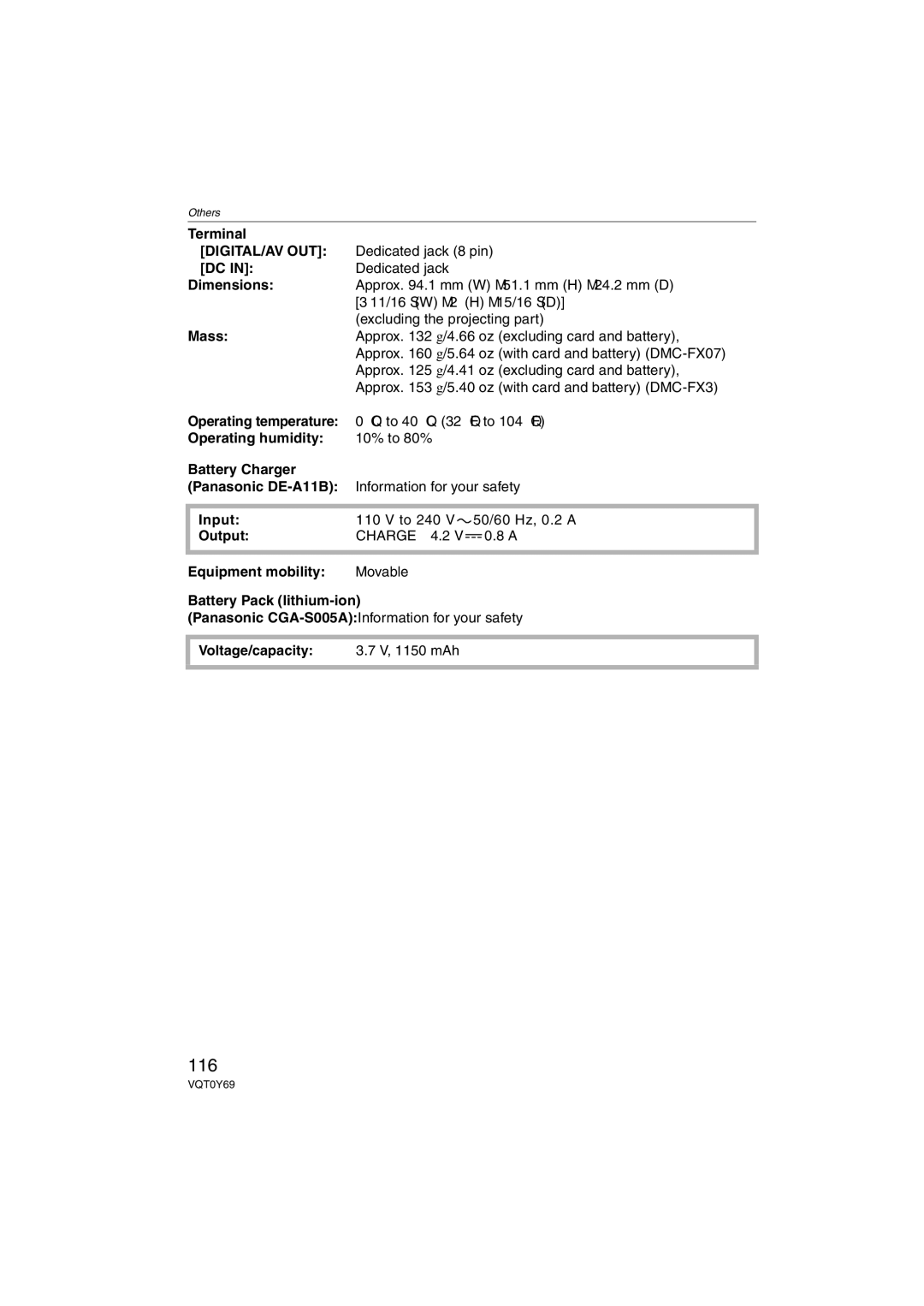 Panasonic DMC-FX07K operating instructions 116, Digital/Av Out 