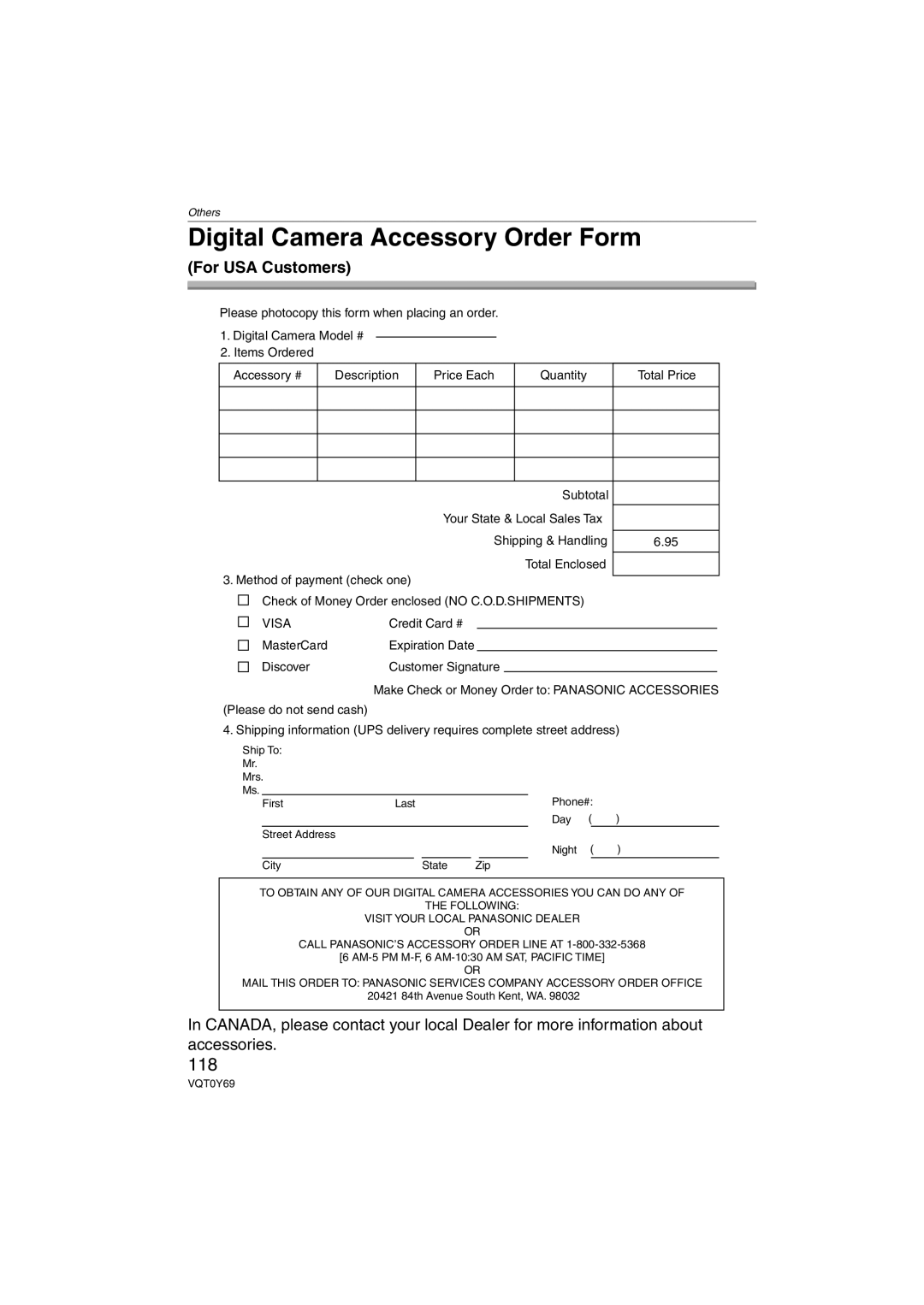 Panasonic DMC-FX07K operating instructions Digital Camera Accessory Order Form, 118, For USA Customers 