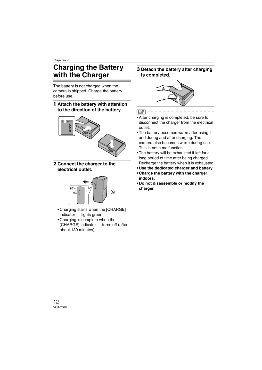 Panasonic DMC-FX07K Charging the Battery with the Charger, Detach the battery after charging is completed 