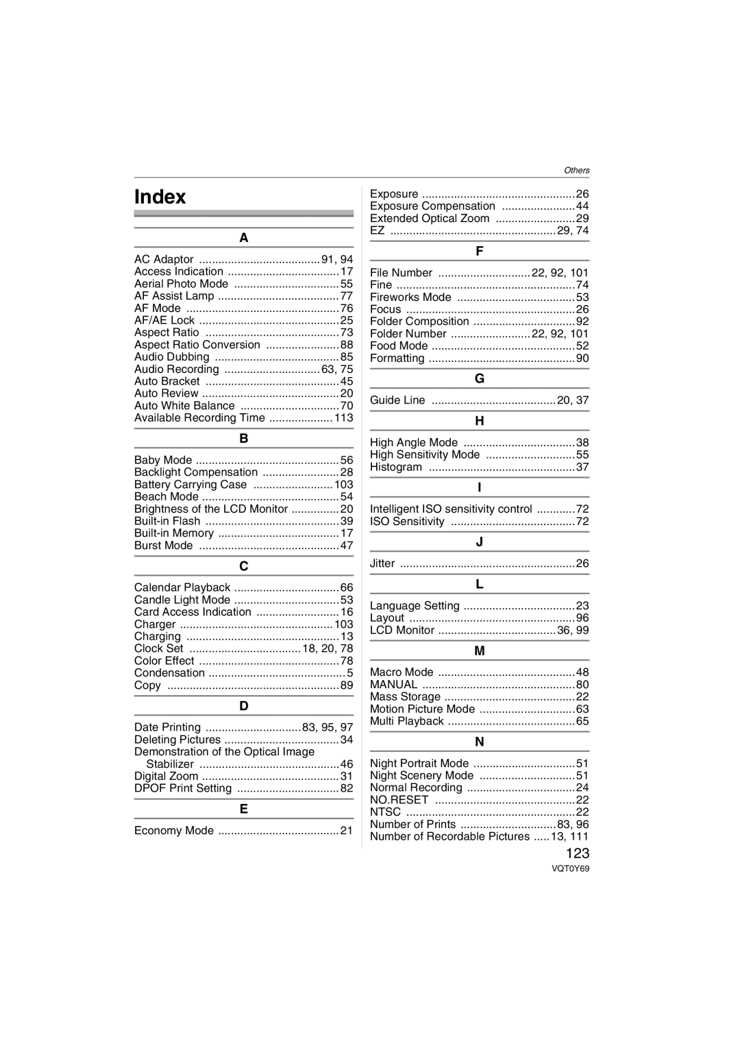 Panasonic DMC-FX07K operating instructions Index, 123 