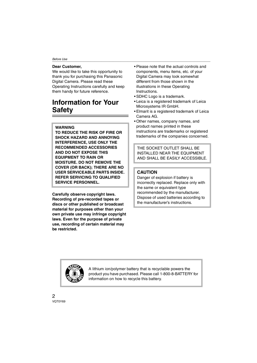 Panasonic DMC-FX07K operating instructions Information for Your Safety, Dear Customer 