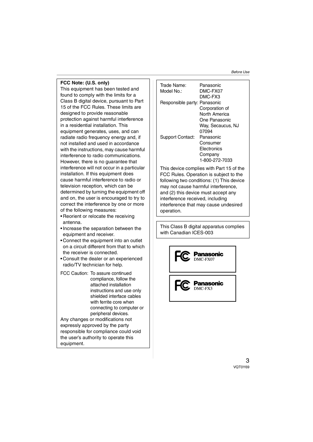 Panasonic DMC-FX07K operating instructions FCC Note U.S. only 