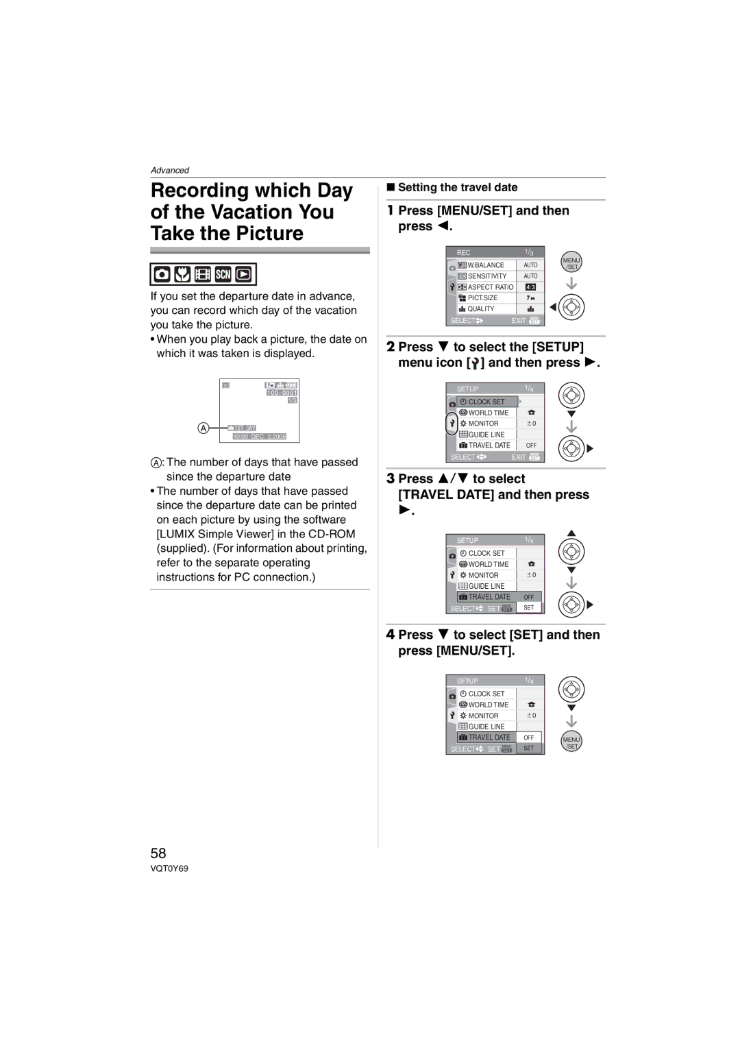 Panasonic DMC-FX07K Press 3/4 to select Travel Date and then press, Press 4 to select SET and then press MENU/SET 