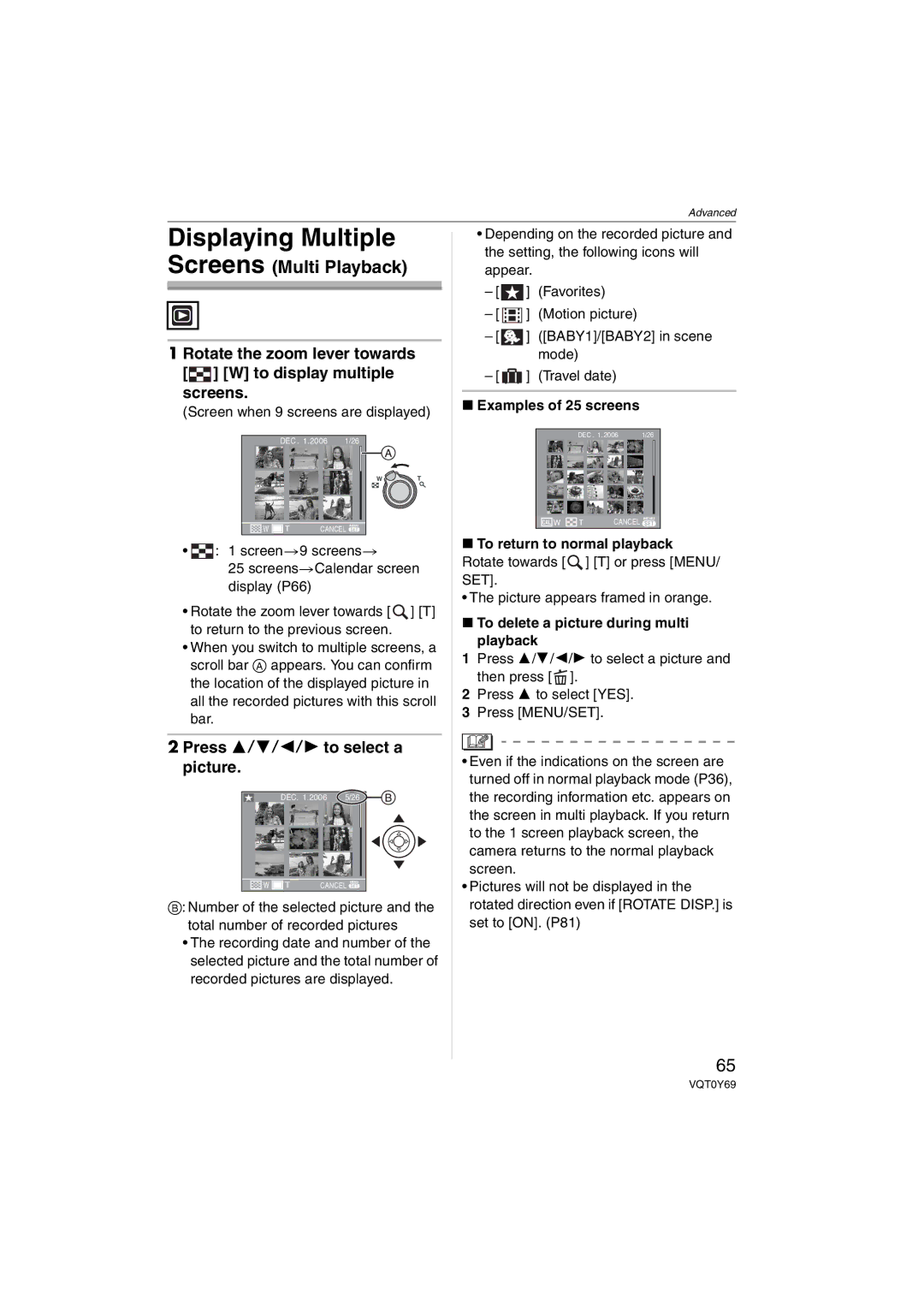 Panasonic DMC-FX07K operating instructions Displaying Multiple, Rotate the zoom lever towards W to display multiple screens 